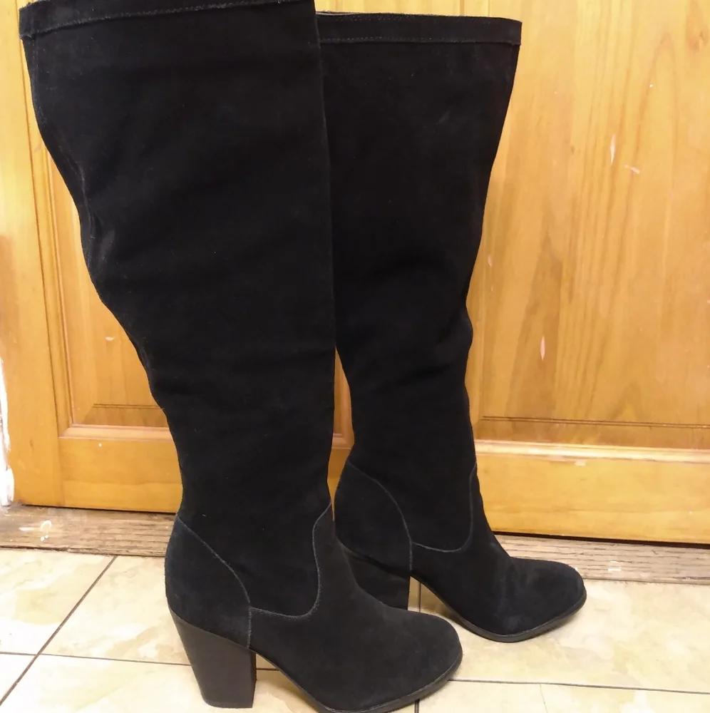 Michael Shannon Abbie Knee High Boots Womens Size 6 Black Suede Leather Zip